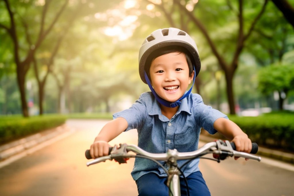 戴著頭盔、騎自行車的微笑的孩子